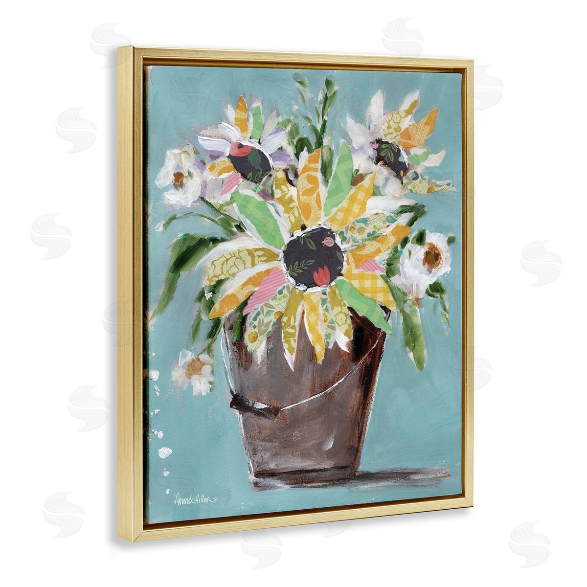 Flower Bucket Bouquet Gold Floating Frame Canvas Wall Art, Home Decor by Amanda Hilburn