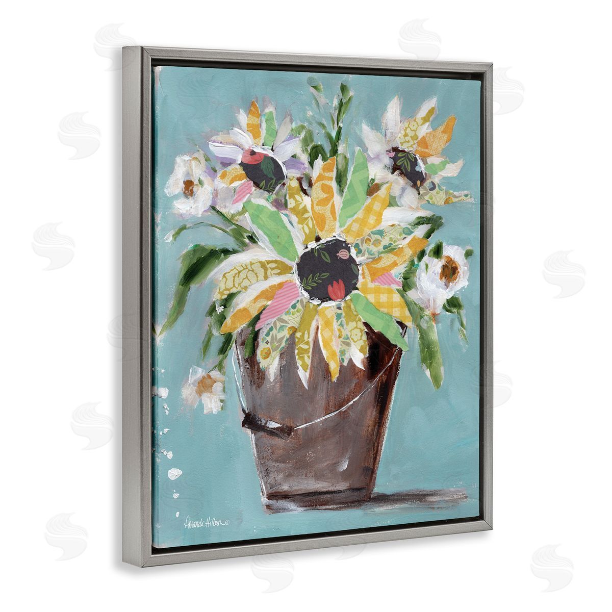 Flower Bucket Bouquet Grey Floating Frame Canvas Wall Art, Home Decor by Amanda Hilburn