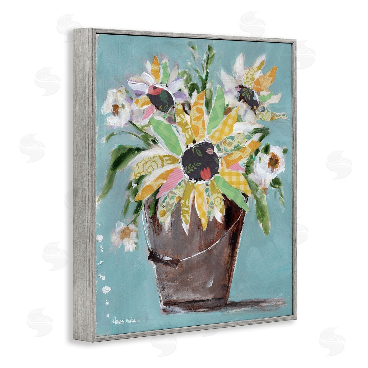 Flower Bucket Bouquet Grey Frame Print Wall Art, Home Decor by Amanda Hilburn