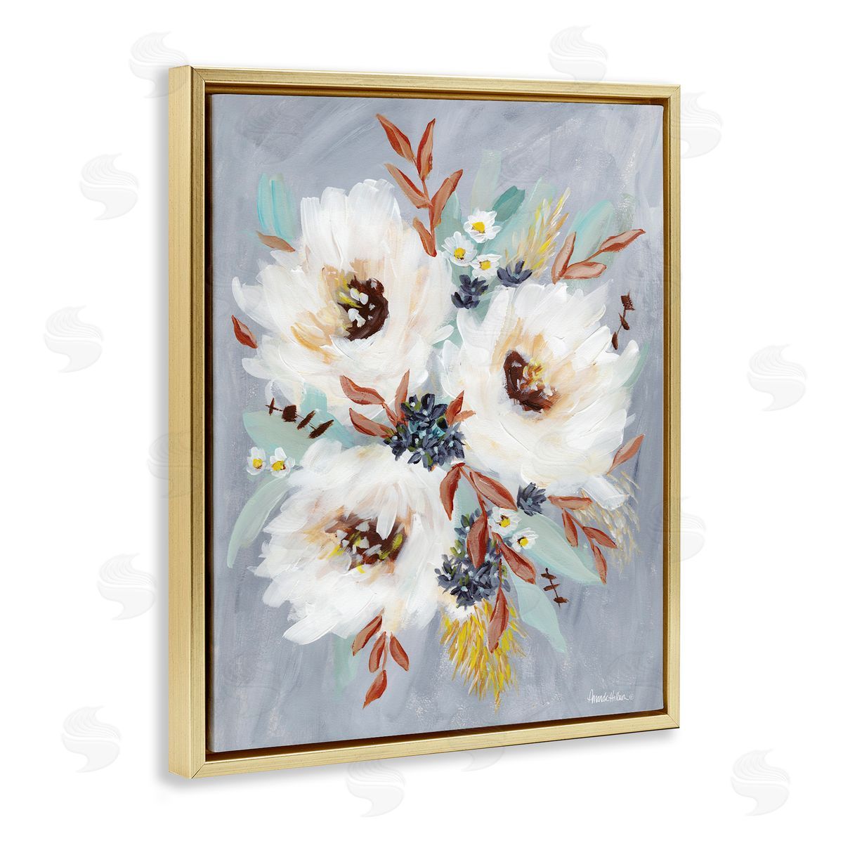 White Flowers Trio Gold Floating Frame Canvas Wall Art, Home Decor by Amanda Hilburn