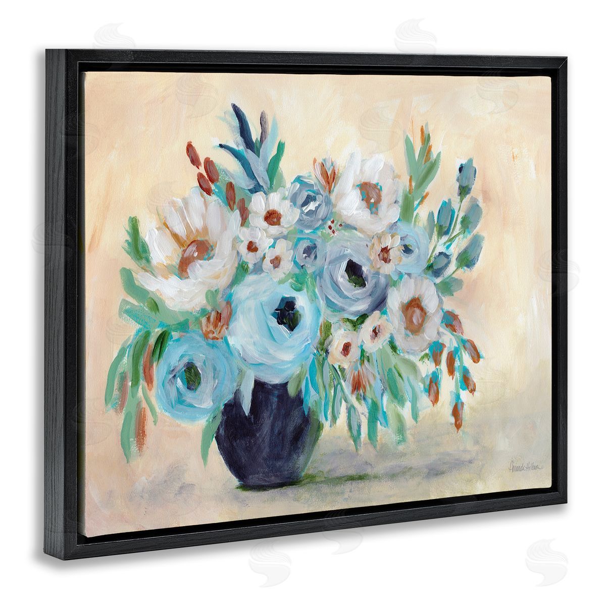 Round Blooms Bouquet Black Floating Frame Canvas Wall Art, Home Decor by Amanda Hilburn