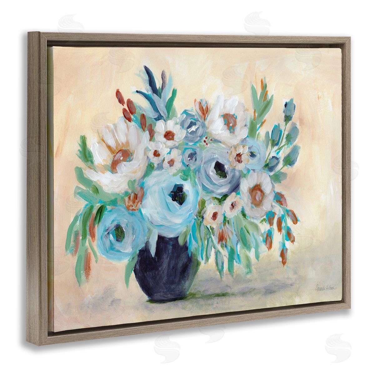 Round Blooms Bouquet Brown Floating Frame Canvas Wall Art, Home Decor by Amanda Hilburn