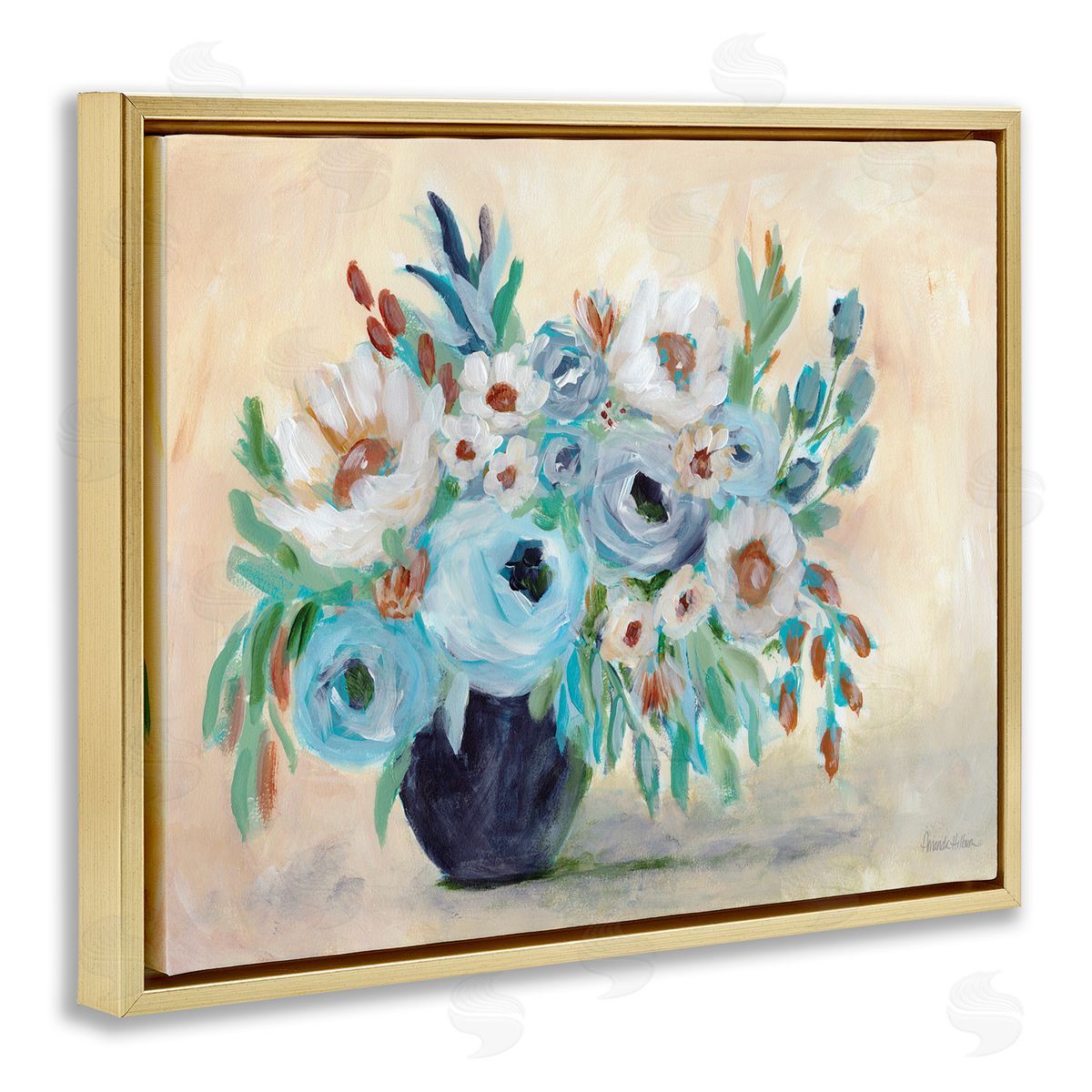 Round Blooms Bouquet Gold Floating Frame Canvas Wall Art, Home Decor by Amanda Hilburn