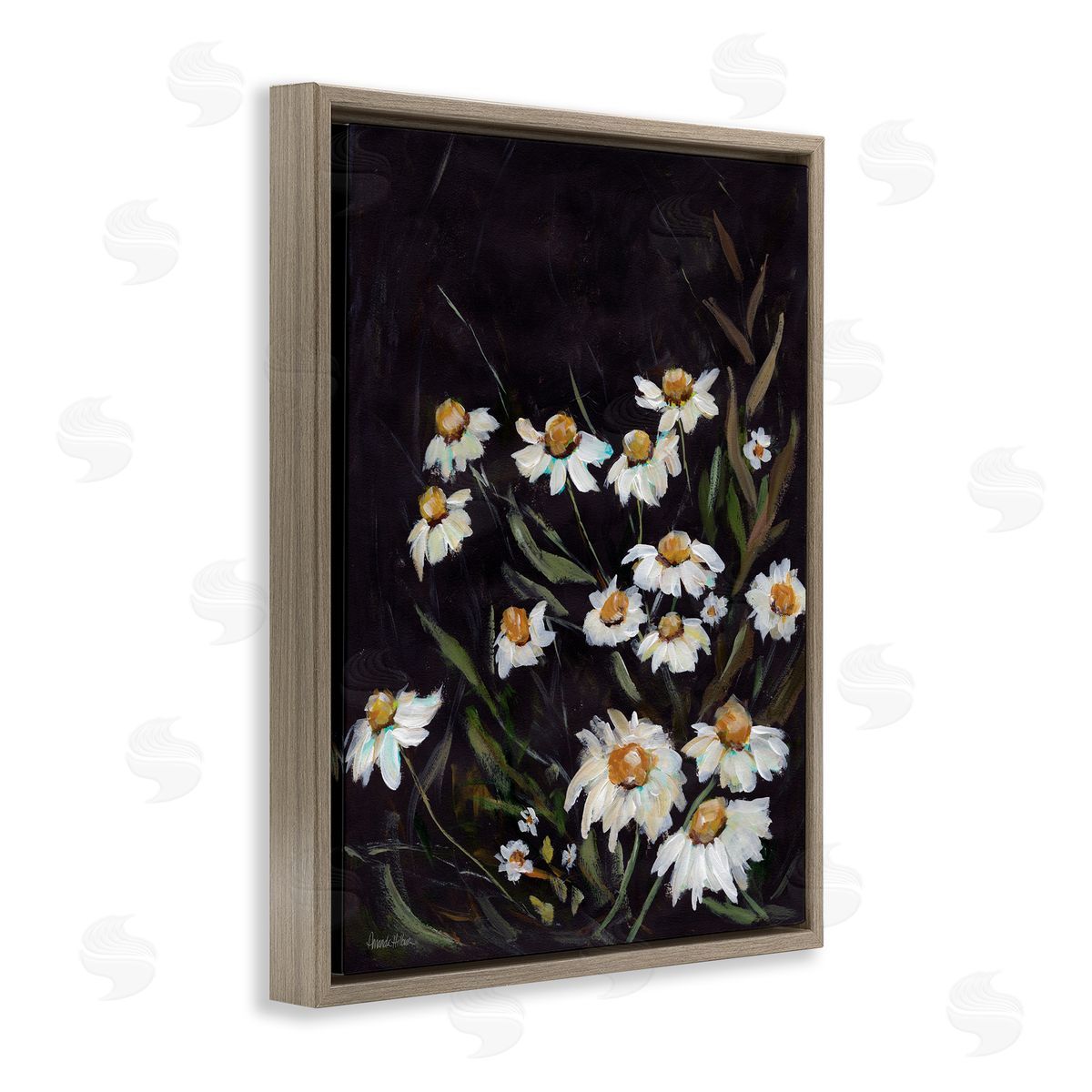 Daisies on Black Brown Floating Frame Canvas Wall Art, Home Decor by Amanda Hilburn