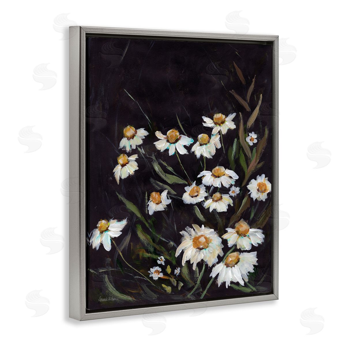 Daisies on Black Grey Floating Frame Canvas Wall Art, Home Decor by Amanda Hilburn