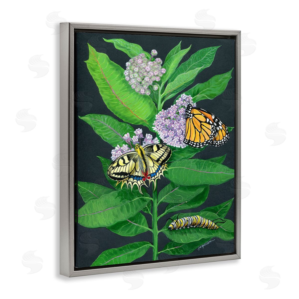 Vintage Milkweed and Insects Grey Floating Frame Canvas Wall Art, Home Decor by Ann Jasperson