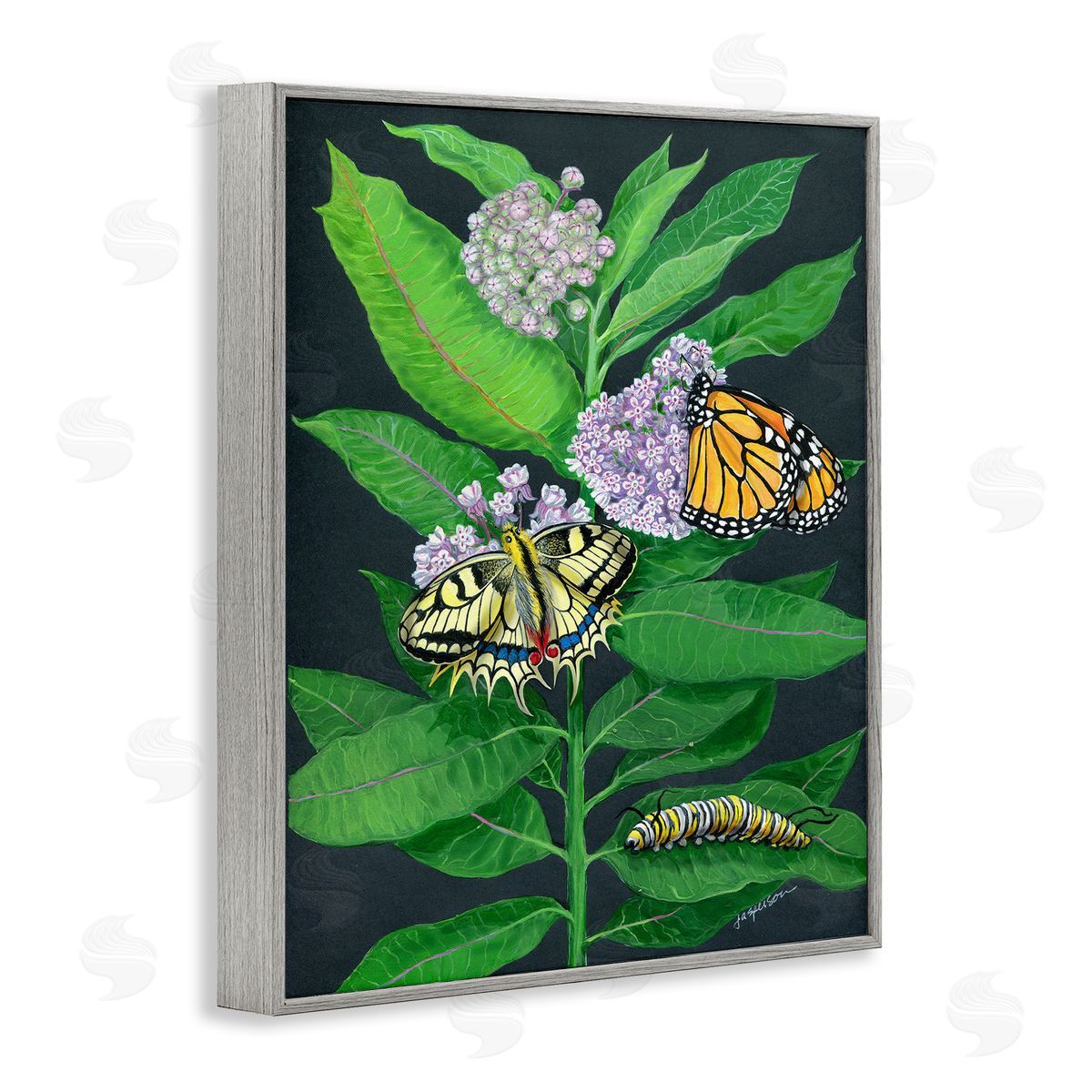 Vintage Milkweed and Insects Grey Frame Print Wall Art, Home Decor by Ann Jasperson