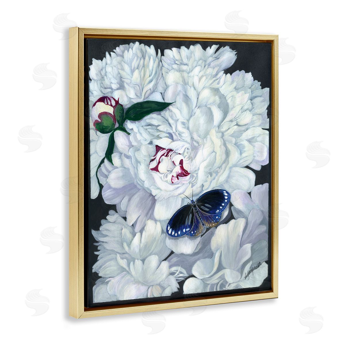 Vintage Peony and Butterfly Gold Floating Frame Canvas Wall Art, Home Decor by Ann Jasperson