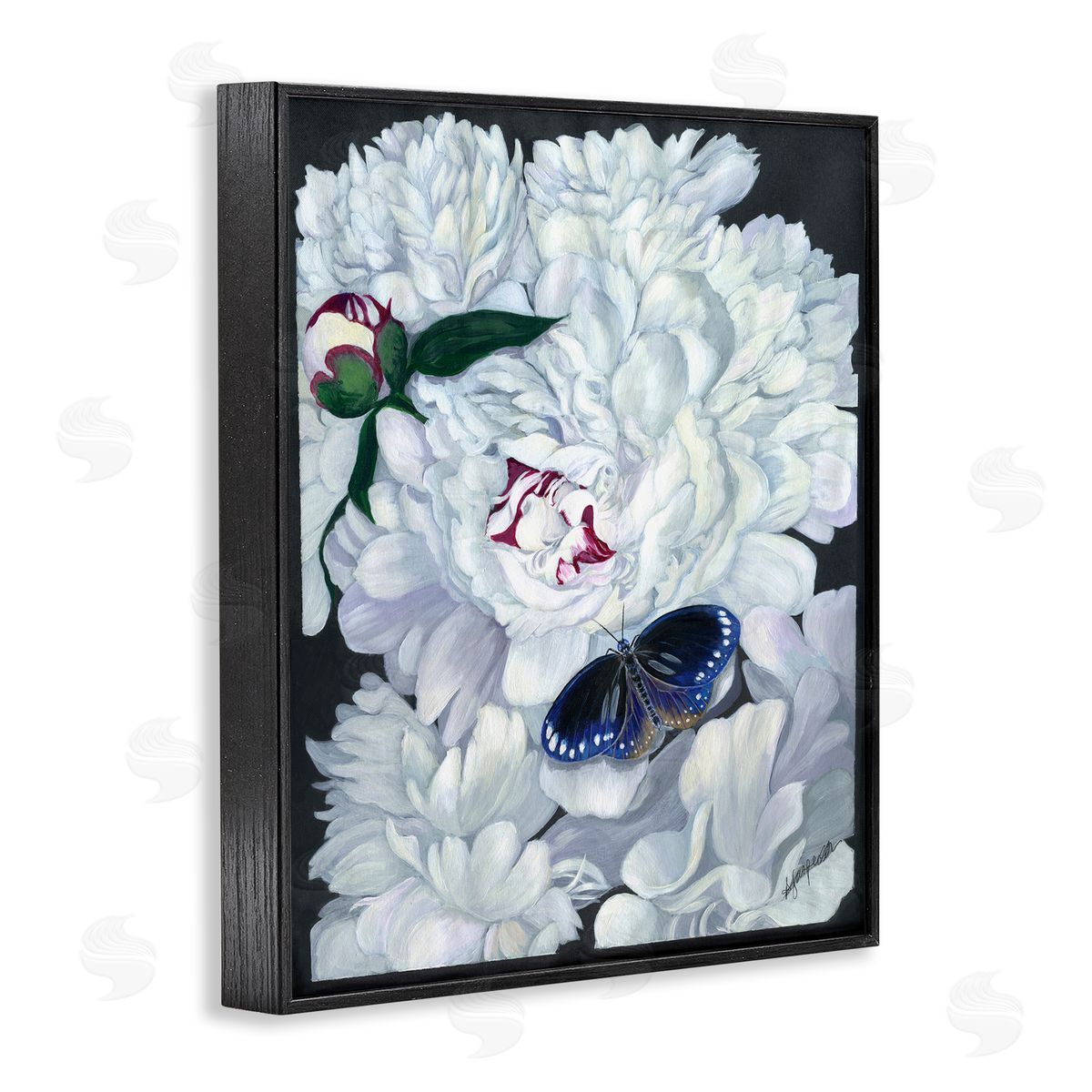 Vintage Peony and Butterfly Black Frame Print Wall Art, Home Decor by Ann Jasperson