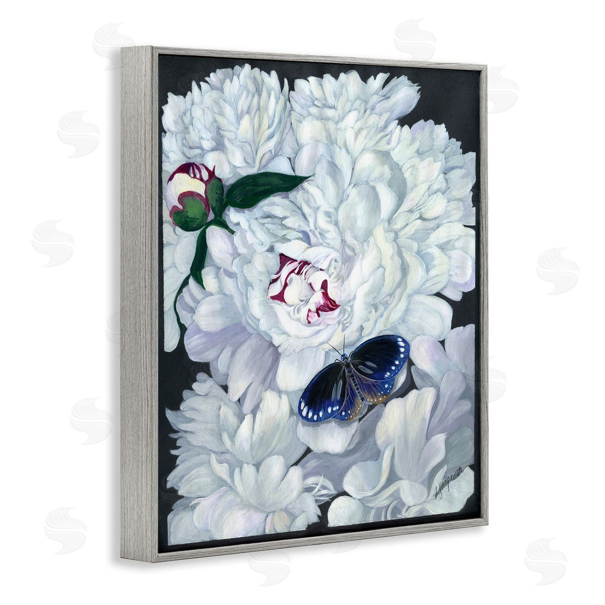 Vintage Peony and Butterfly Grey Frame Print Wall Art, Home Decor by Ann Jasperson