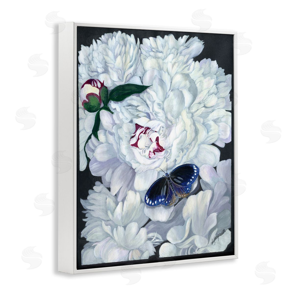 Vintage Peony and Butterfly White Frame Print Wall Art, Home Decor by Ann Jasperson