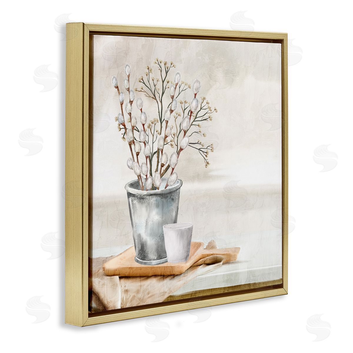 Pussy Willow Still Life Gold Floating Frame Canvas Wall Art, Home Decor by Ann Bailey