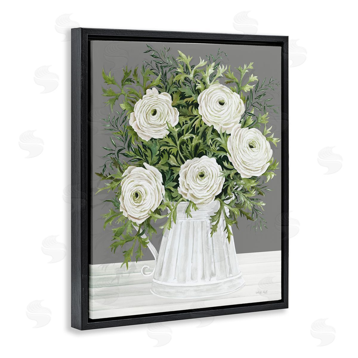 Peonies in Country Vase Black Floating Frame Canvas Wall Art, Home Decor by Cindy Jacobs
