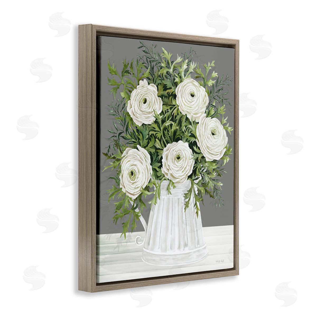 Peonies in Country Vase Brown Floating Frame Canvas Wall Art, Home Decor by Cindy Jacobs