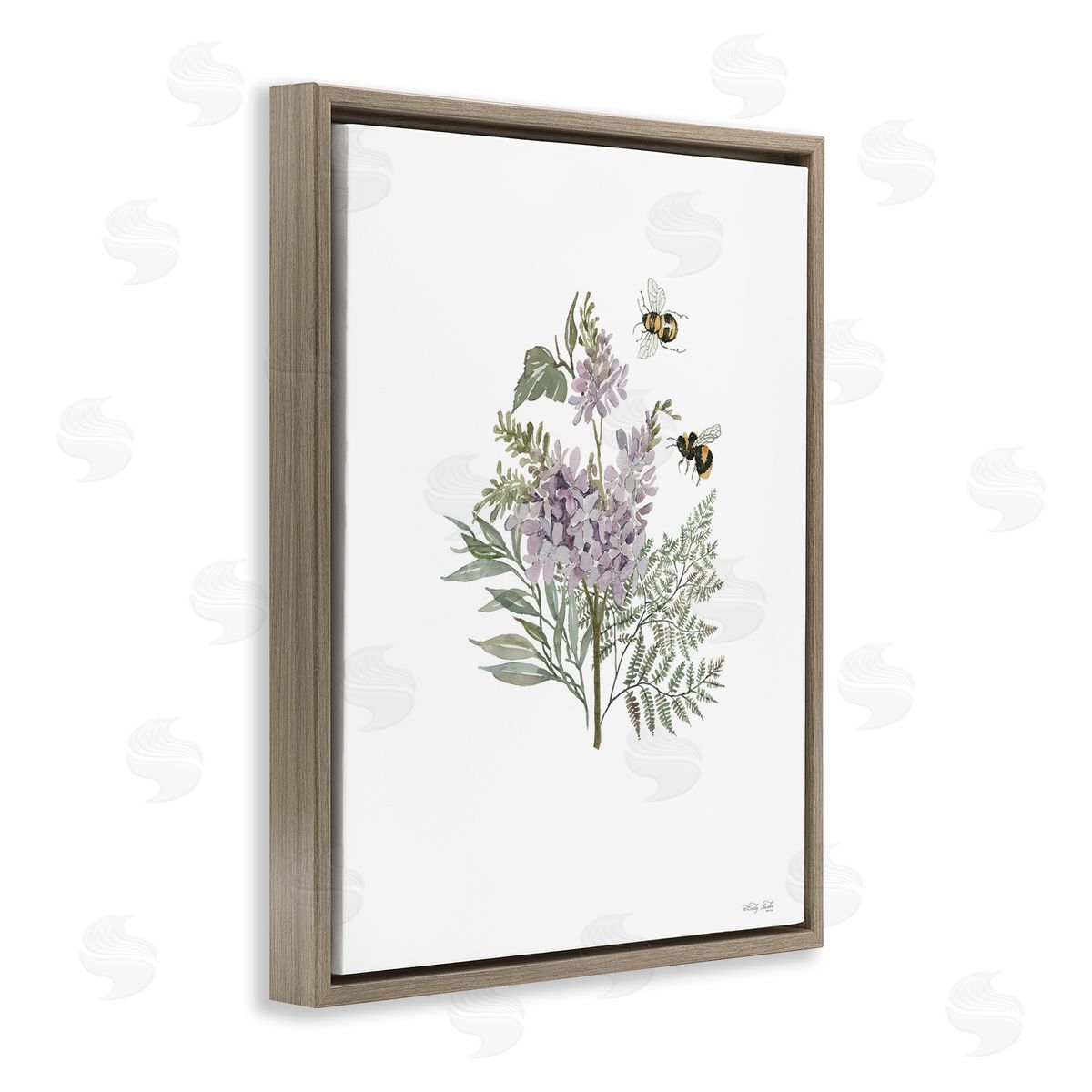 Lilacs and Bumble Bees Brown Floating Frame Canvas Wall Art, Home Decor by Cindy Jacobs