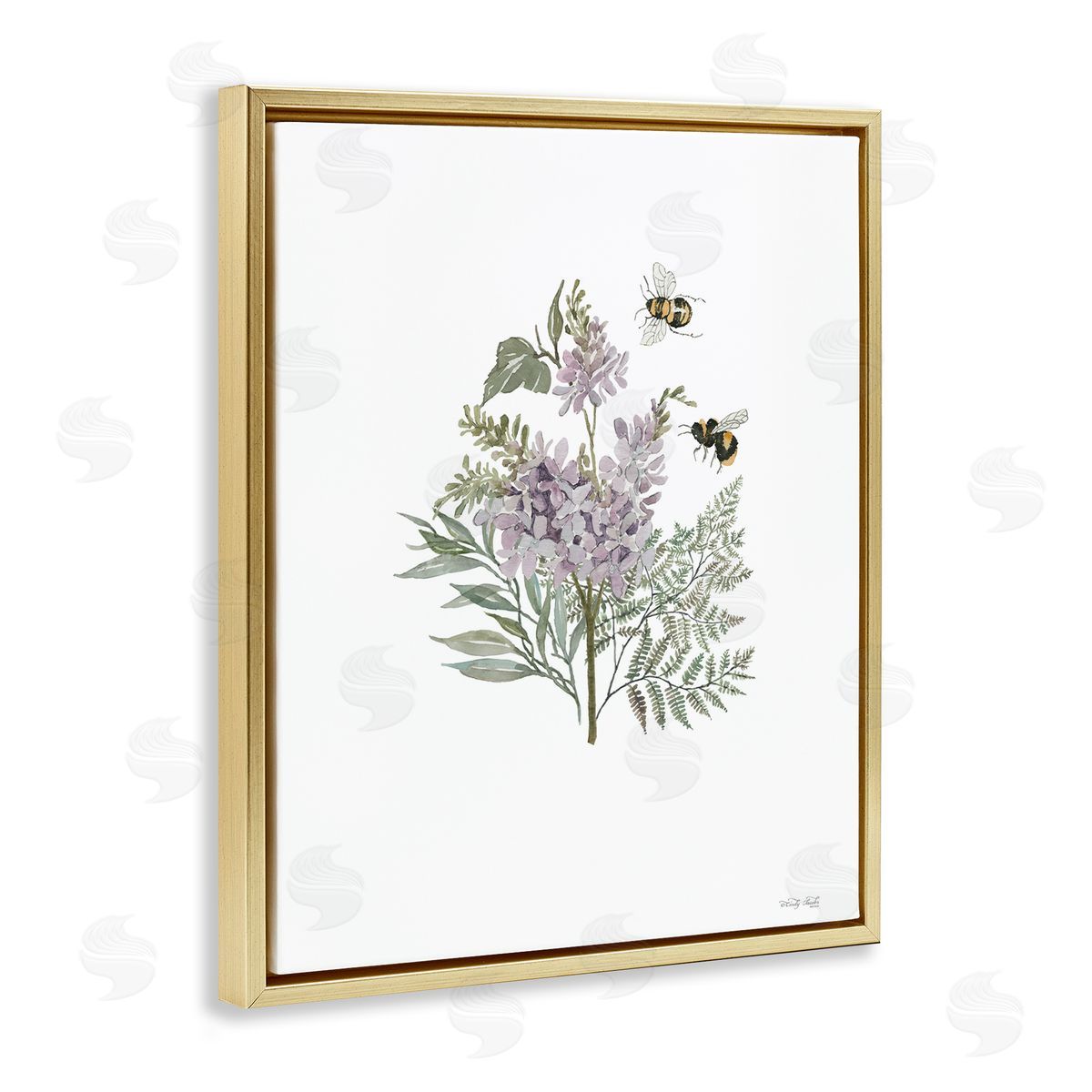 Lilacs and Bumble Bees Gold Floating Frame Canvas Wall Art, Home Decor by Cindy Jacobs