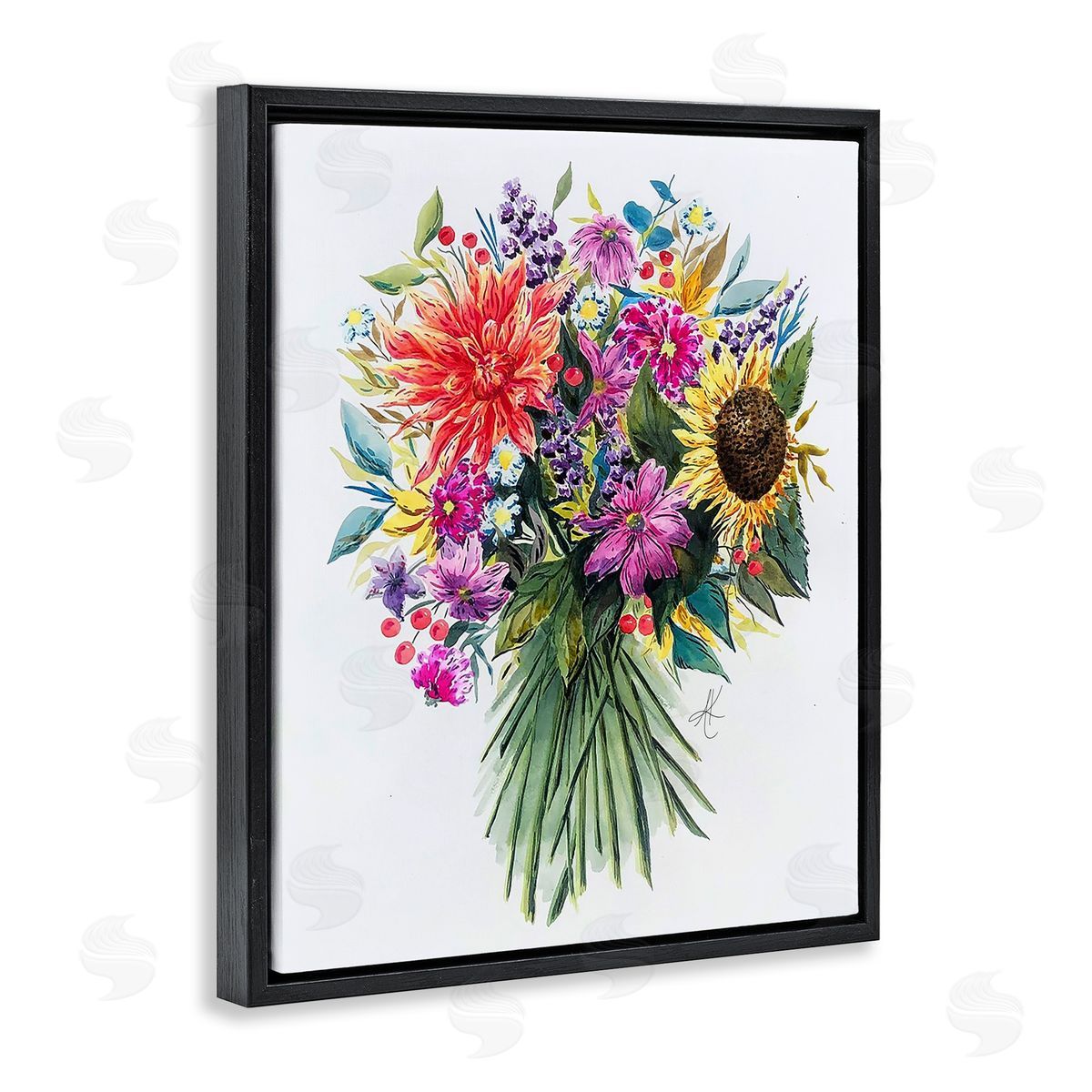 Bright Wildflower Bouquet Black Floating Frame Canvas Wall Art, Home Decor by Alexandria Gilbert Kincaid