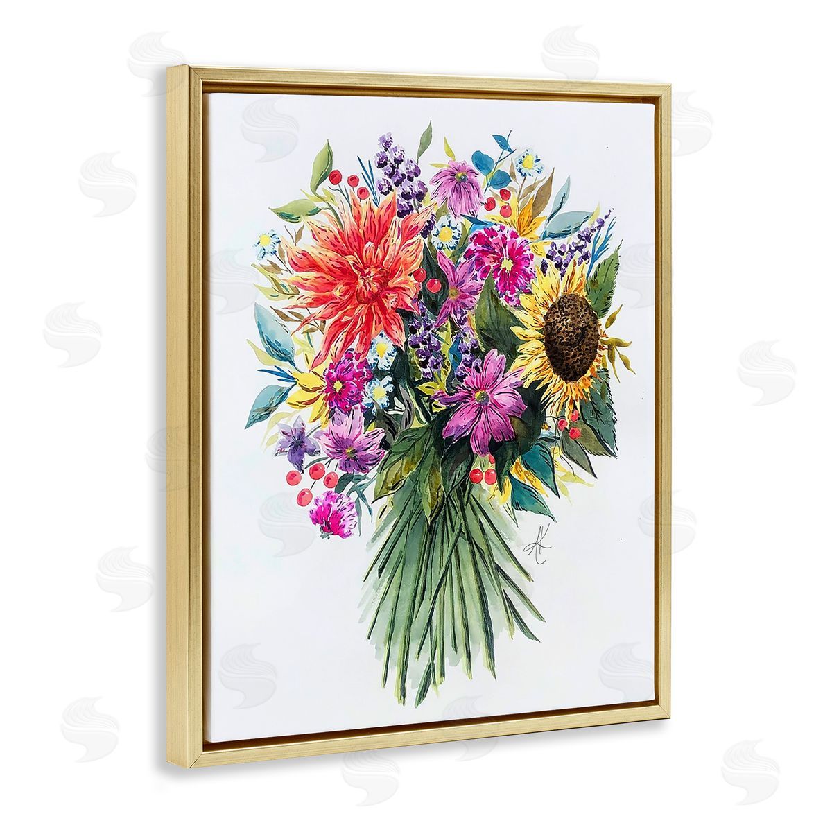 Bright Wildflower Bouquet Gold Floating Frame Canvas Wall Art, Home Decor by Alexandria Gilbert Kincaid