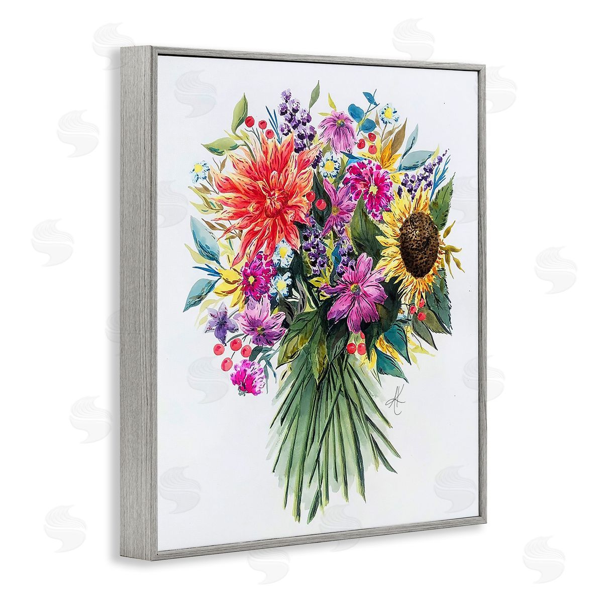 Bright Wildflower Bouquet Grey Frame Print Wall Art, Home Decor by Alexandria Gilbert Kincaid