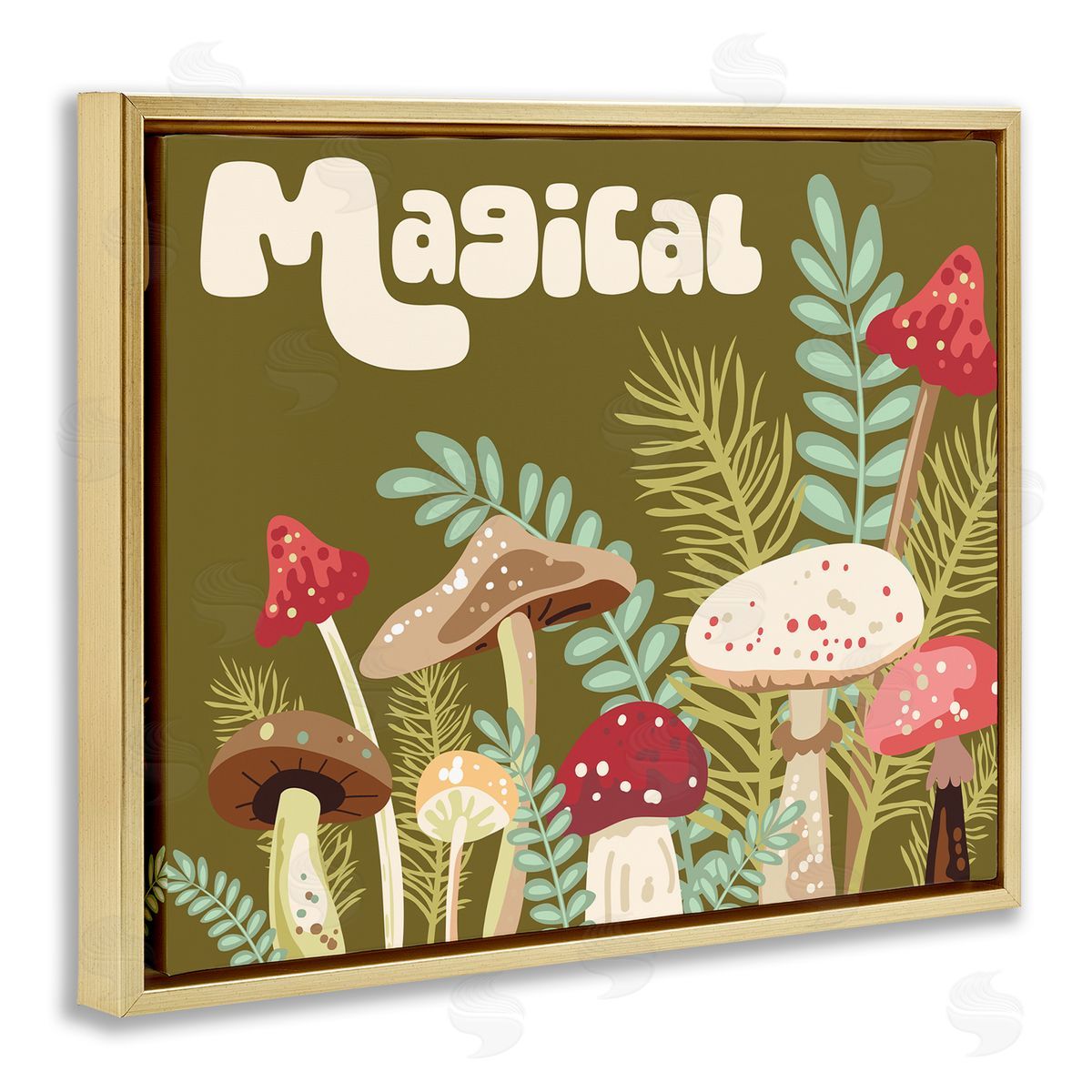 Magical Botanical Mushrooms Gold Floating Frame Canvas Wall Art, Home Decor by Diane Labombarbe