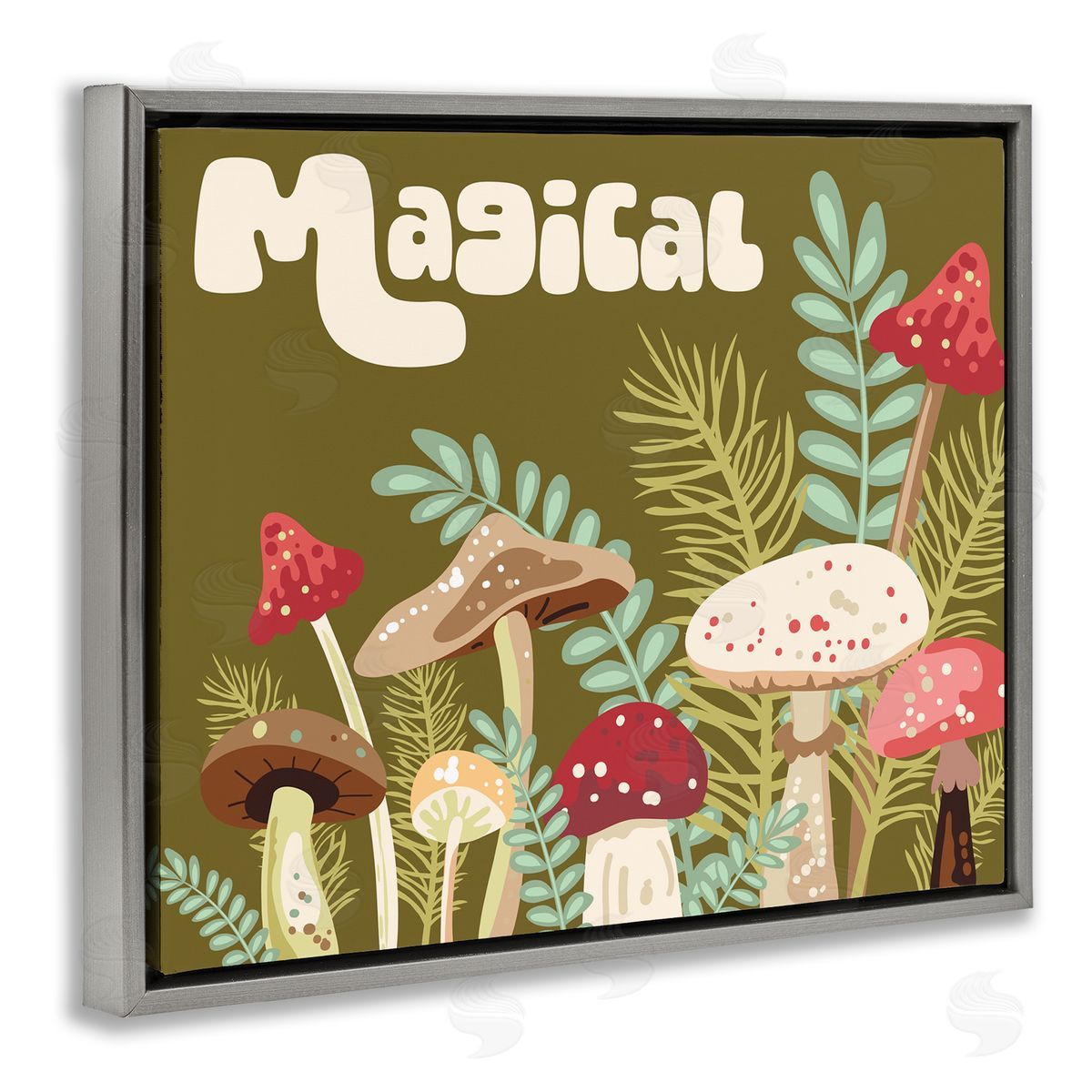 Magical Botanical Mushrooms Grey Floating Frame Canvas Wall Art, Home Decor by Diane Labombarbe