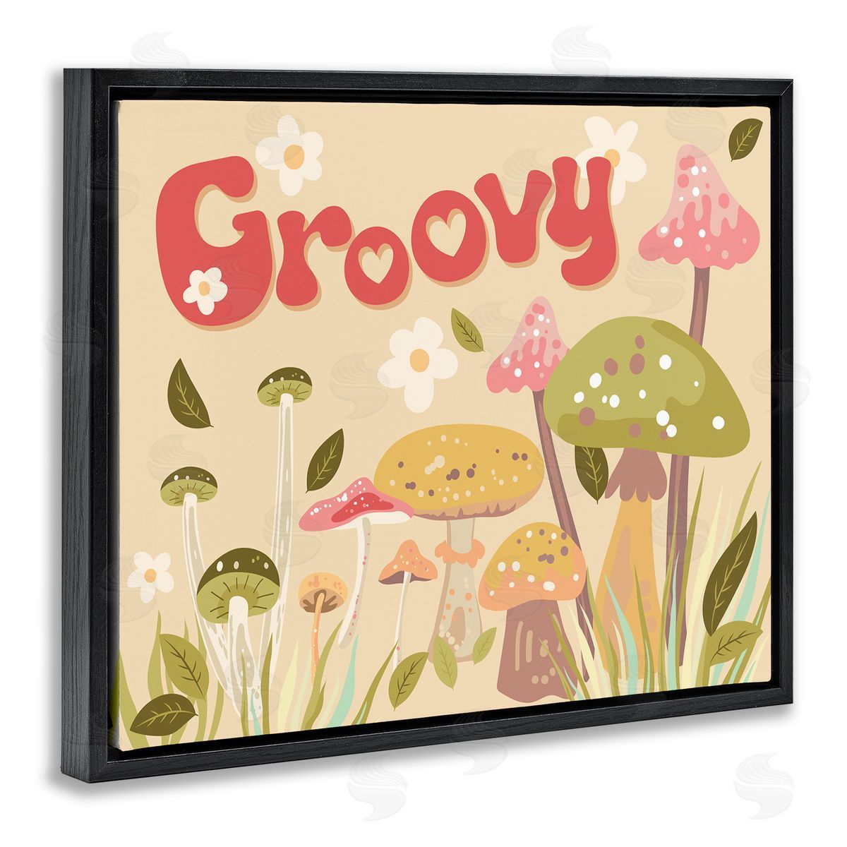 Groovy Botanical Mushrooms Black Floating Frame Canvas Wall Art, Home Decor by Diane Labombarbe