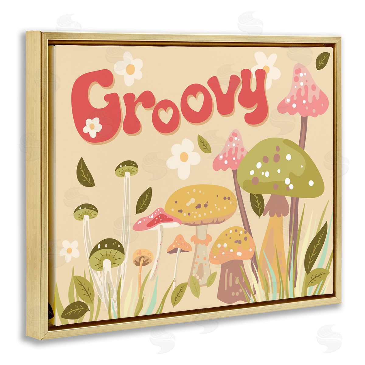 Groovy Botanical Mushrooms Gold Floating Frame Canvas Wall Art, Home Decor by Diane Labombarbe