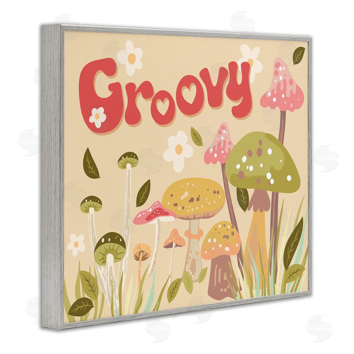 Groovy Botanical Mushrooms Grey Frame Print Wall Art, Home Decor by Diane Labombarbe