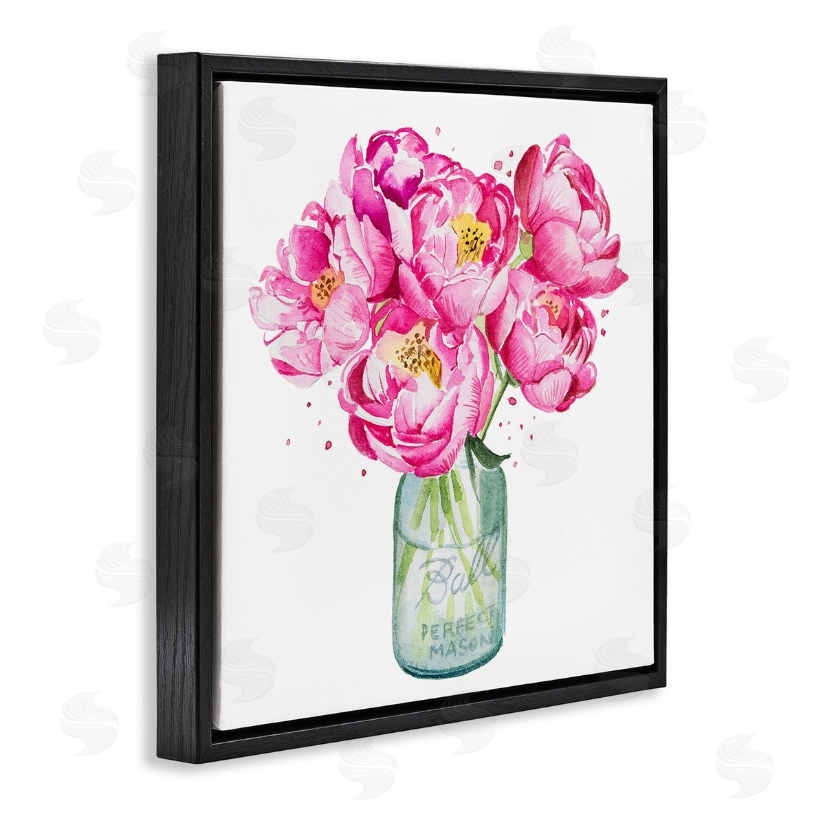 Pink Peony Jar Black Floating Frame Canvas Wall Art, Home Decor by Enya Todd