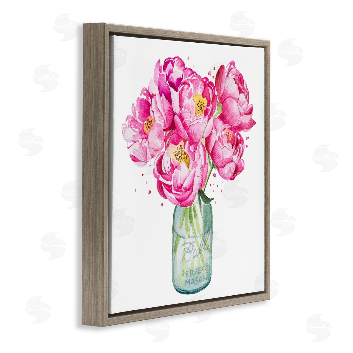 Pink Peony Jar Brown Floating Frame Canvas Wall Art, Home Decor by Enya Todd
