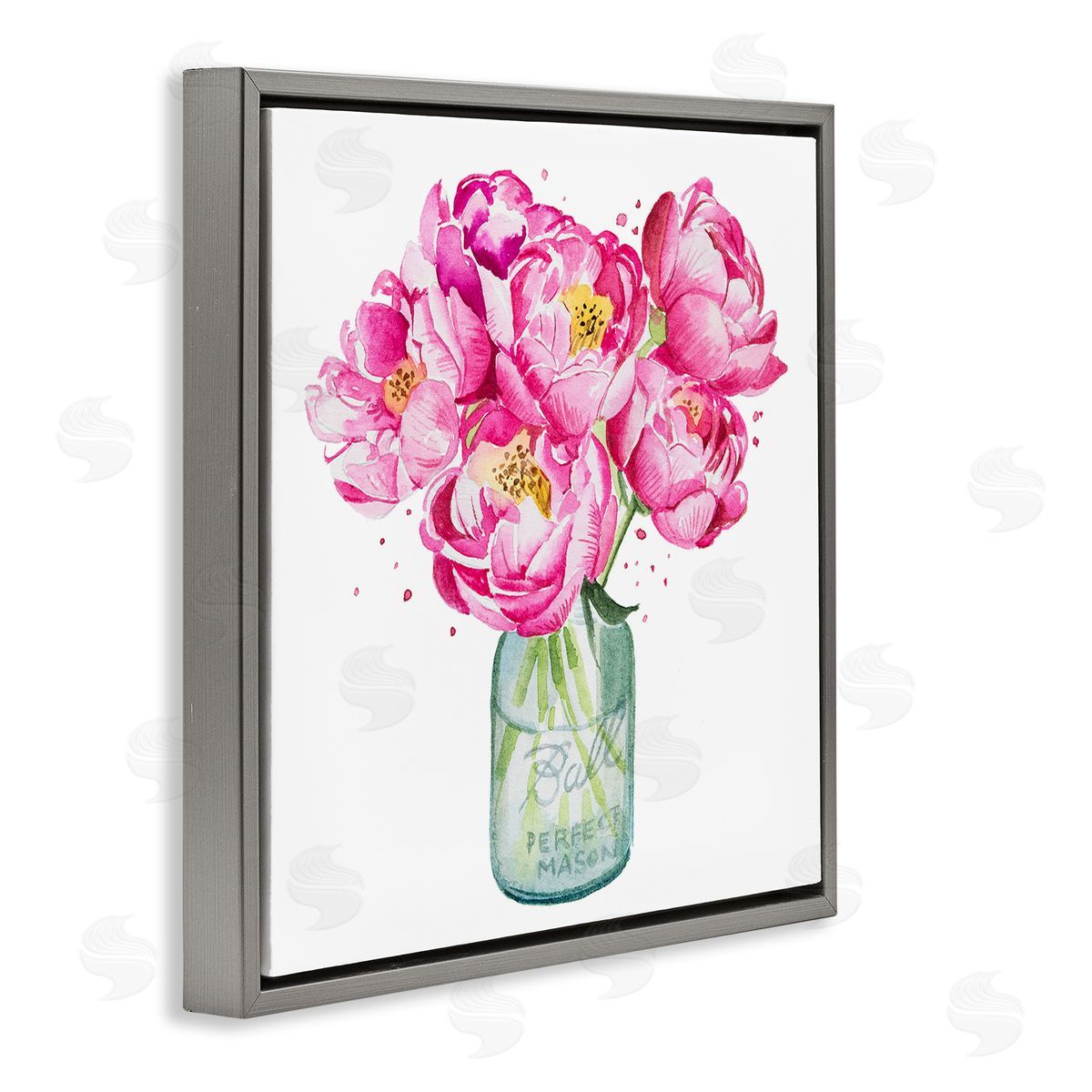 Pink Peony Jar Grey Floating Frame Canvas Wall Art, Home Decor by Enya Todd