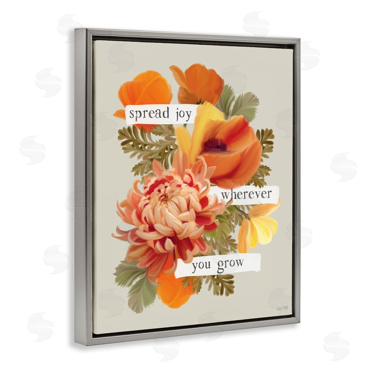 Spread Joy Flowers Grey Floating Frame Canvas Wall Art, Home Decor by House Fenway