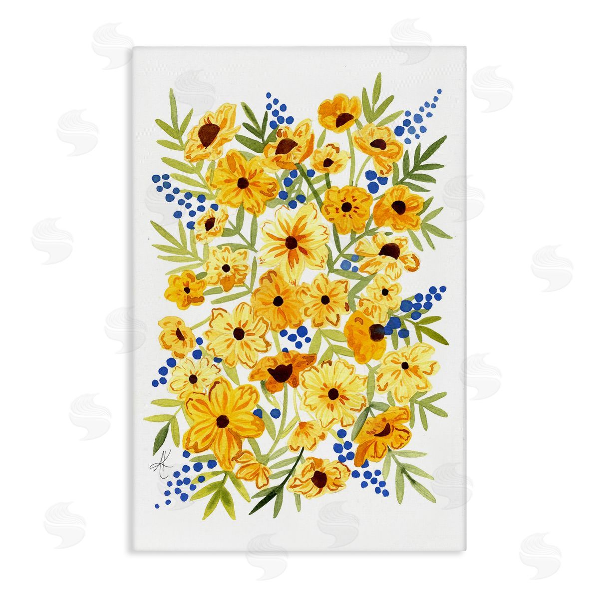 Yellow Cosmos and Berries Canvas Wall Art, Home Decor by Alexandria Gilbert Kincaid