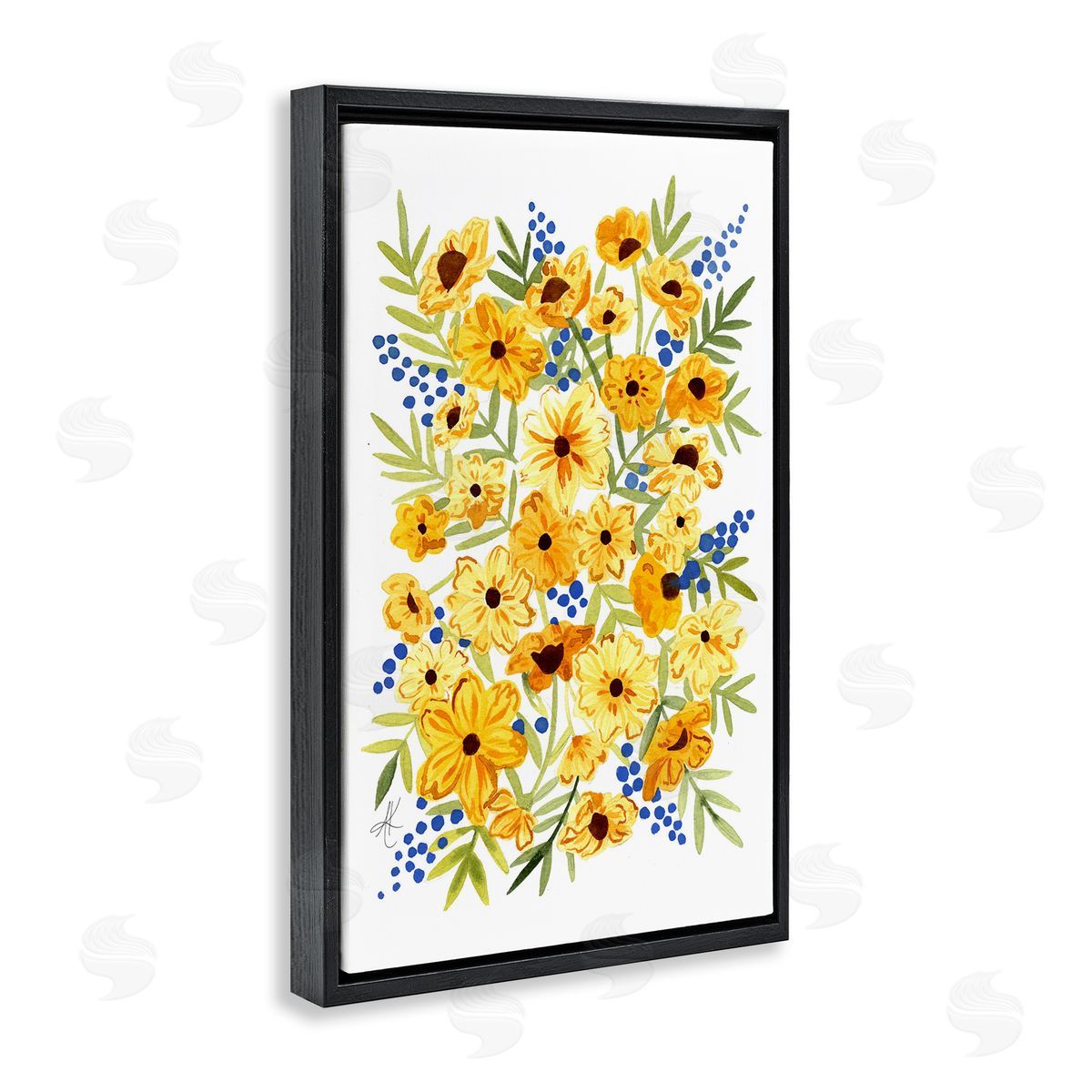 Yellow Cosmos and Berries Black Floating Frame Canvas Wall Art, Home Decor by Alexandria Gilbert Kincaid