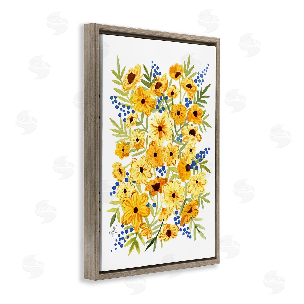 Yellow Cosmos and Berries Brown Floating Frame Canvas Wall Art, Home Decor by Alexandria Gilbert Kincaid