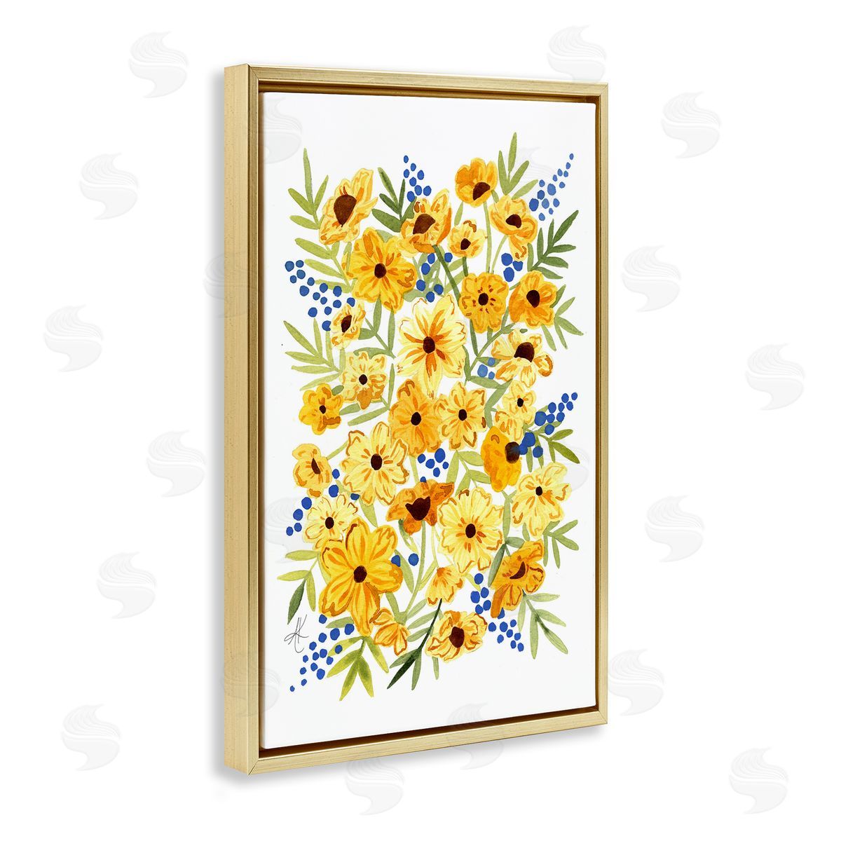 Yellow Cosmos and Berries Gold Floating Frame Canvas Wall Art, Home Decor by Alexandria Gilbert Kincaid