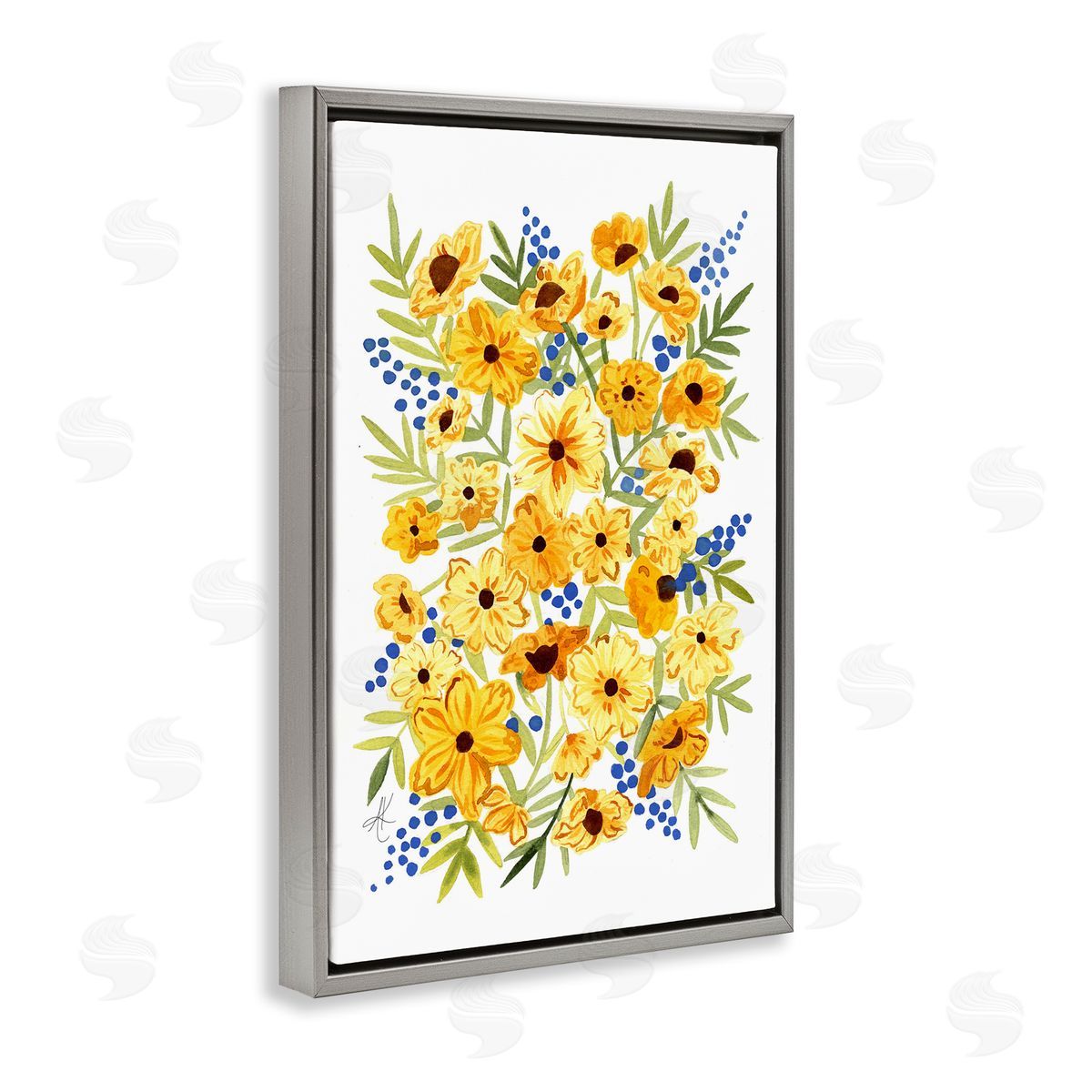 Yellow Cosmos and Berries Grey Floating Frame Canvas Wall Art, Home Decor by Alexandria Gilbert Kincaid