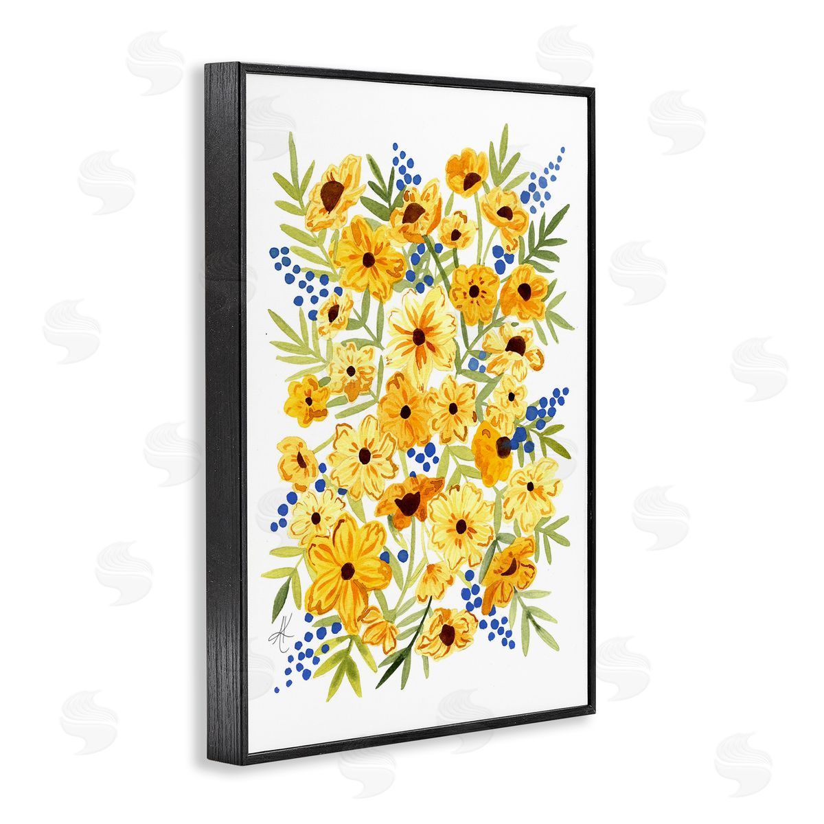 Yellow Cosmos and Berries Black Frame Print Wall Art, Home Decor by Alexandria Gilbert Kincaid