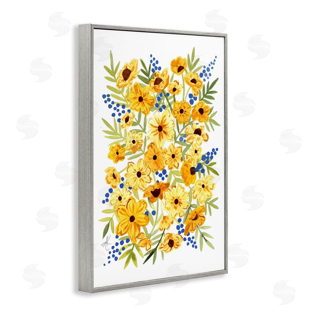 Yellow Cosmos and Berries Grey Frame Print Wall Art, Home Decor by Alexandria Gilbert Kincaid