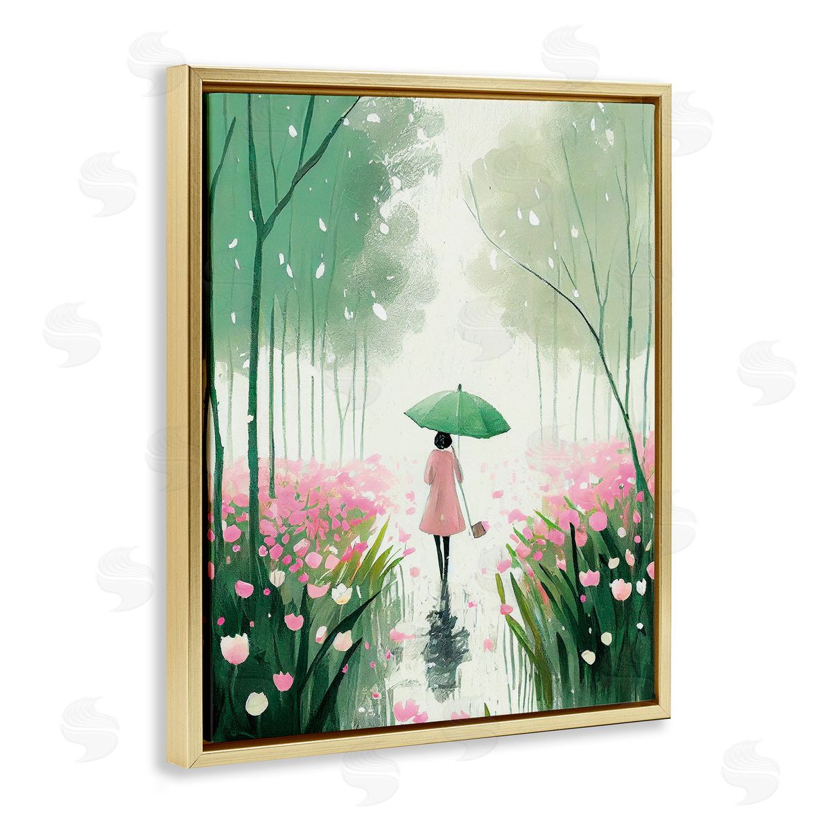 Nature Stroll in Rain Gold Floating Frame Canvas Wall Art, Home Decor by Incado