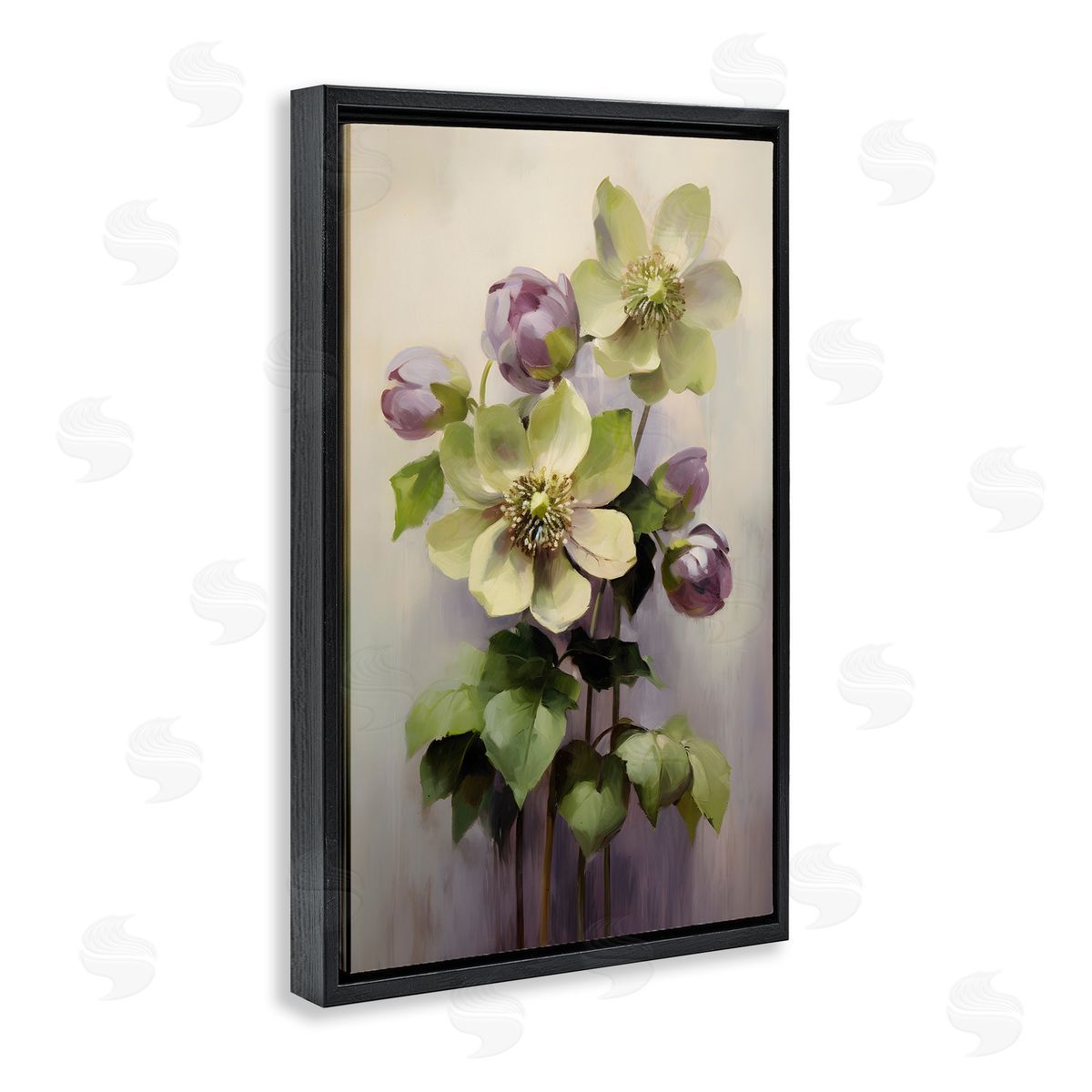 Green and Purple Flowers Black Floating Frame Canvas Wall Art, Home Decor by Petals Prints Design