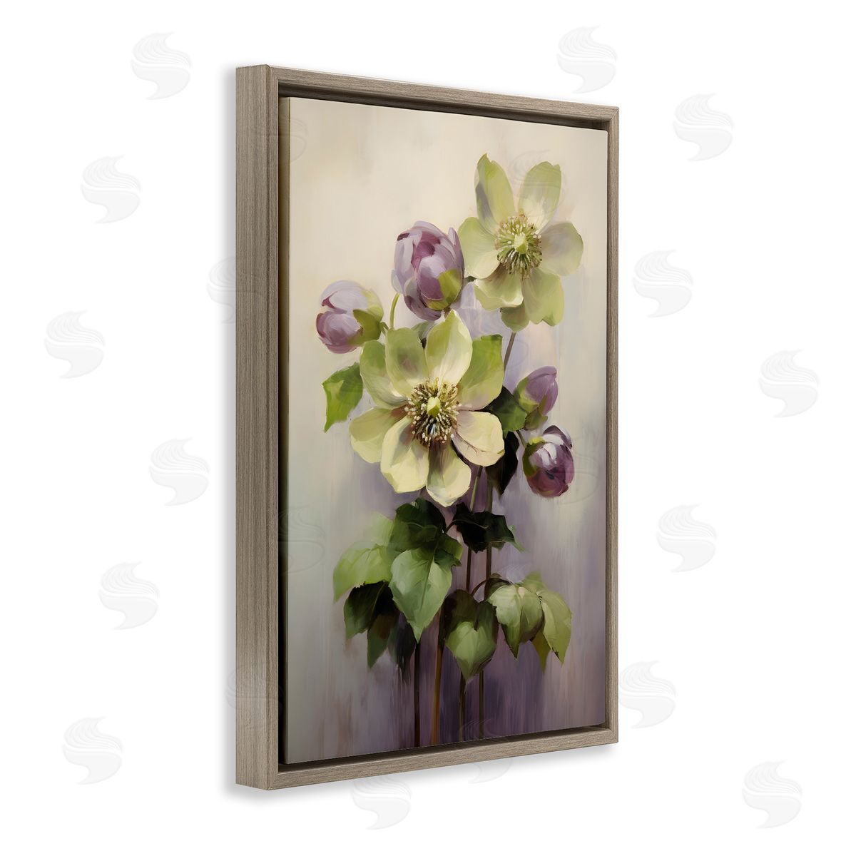 Green and Purple Flowers Brown Floating Frame Canvas Wall Art, Home Decor by Petals Prints Design