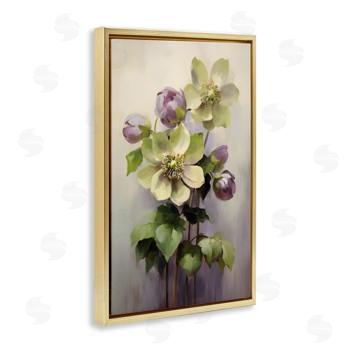 Green and Purple Flowers Gold Floating Frame Canvas Wall Art, Home Decor by Petals Prints Design