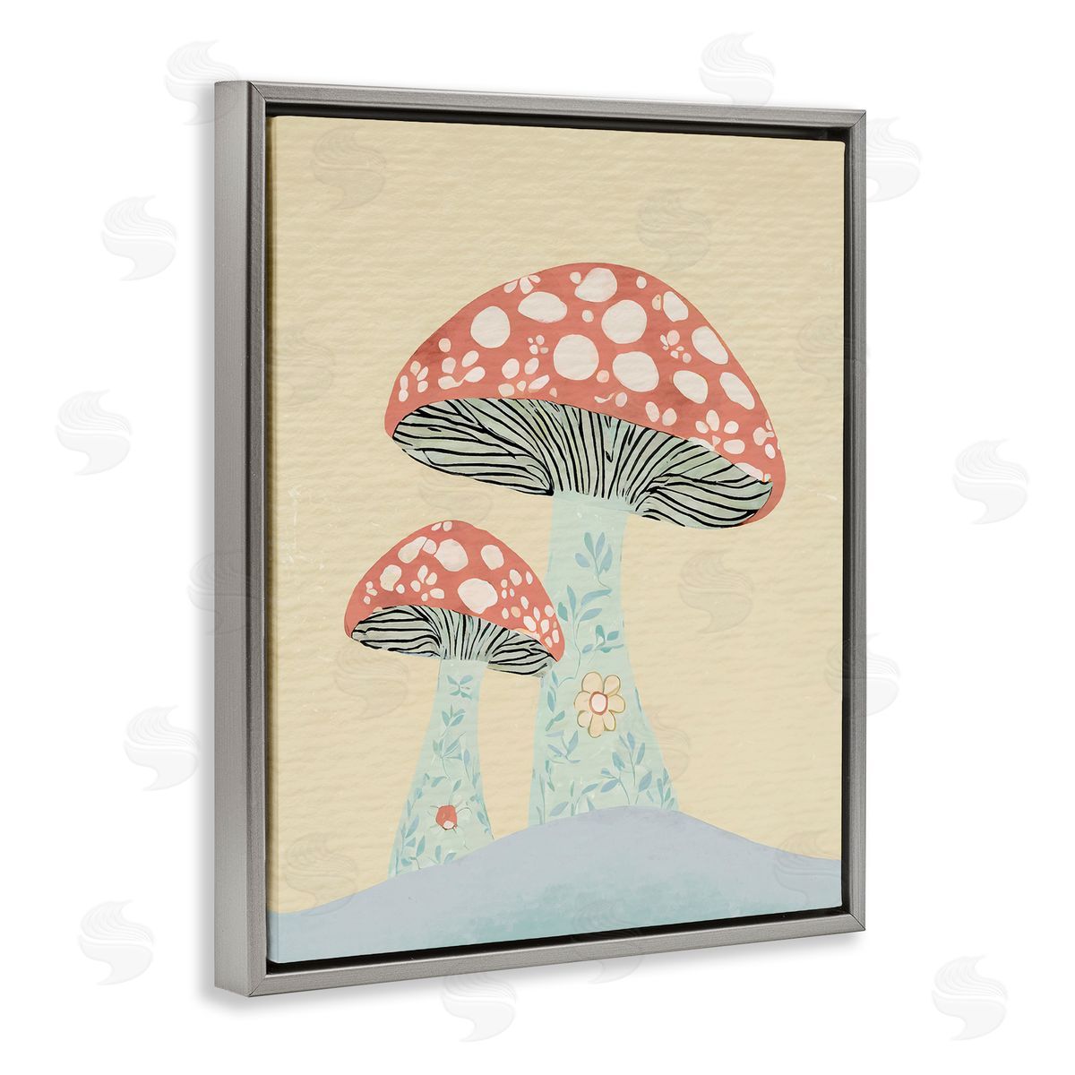 Floral Collaged Mushrooms Grey Floating Frame Canvas Wall Art, Home Decor by Stupell Studio