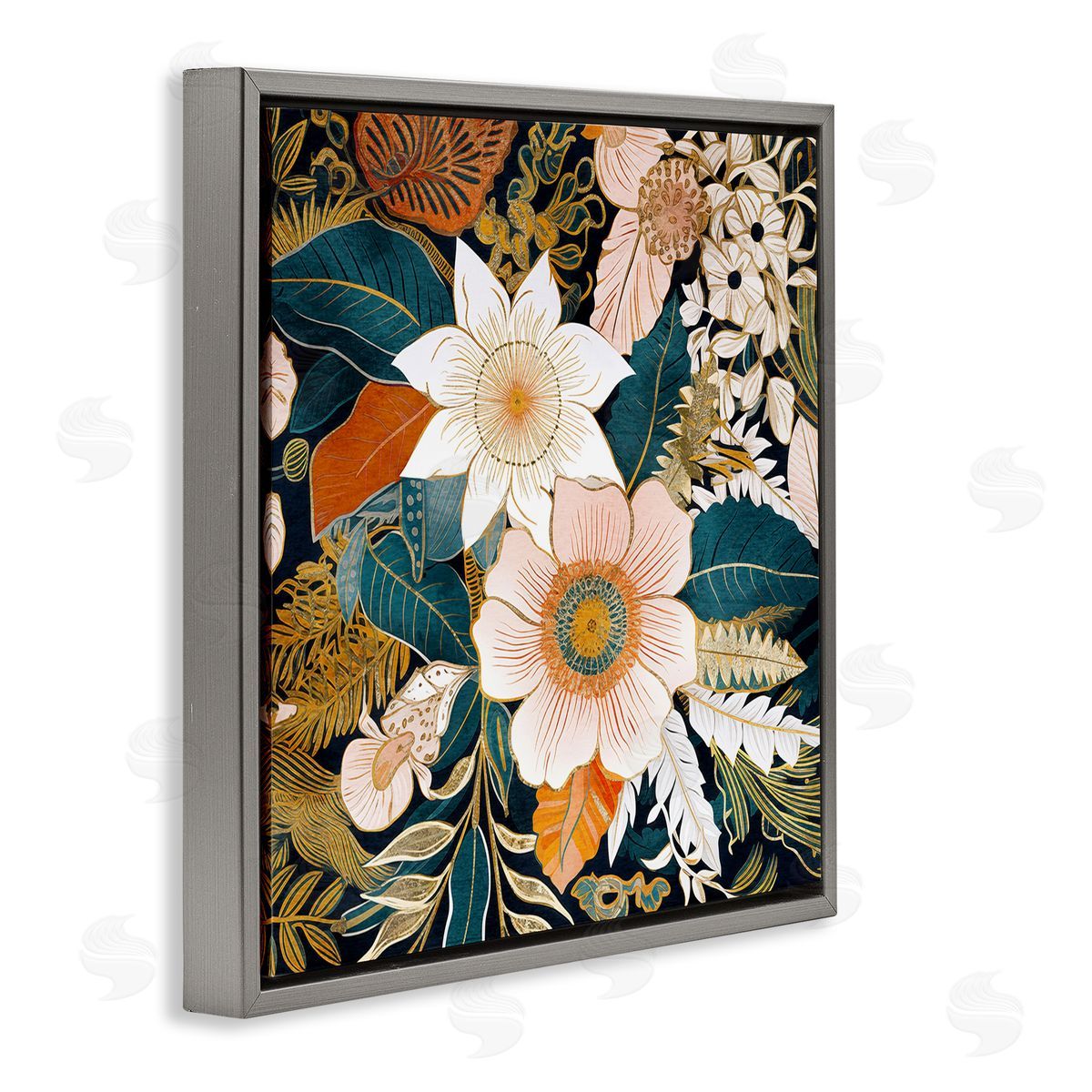 Eclectic Floral Pattern Grey Floating Frame Canvas Wall Art, Home Decor by Sasha