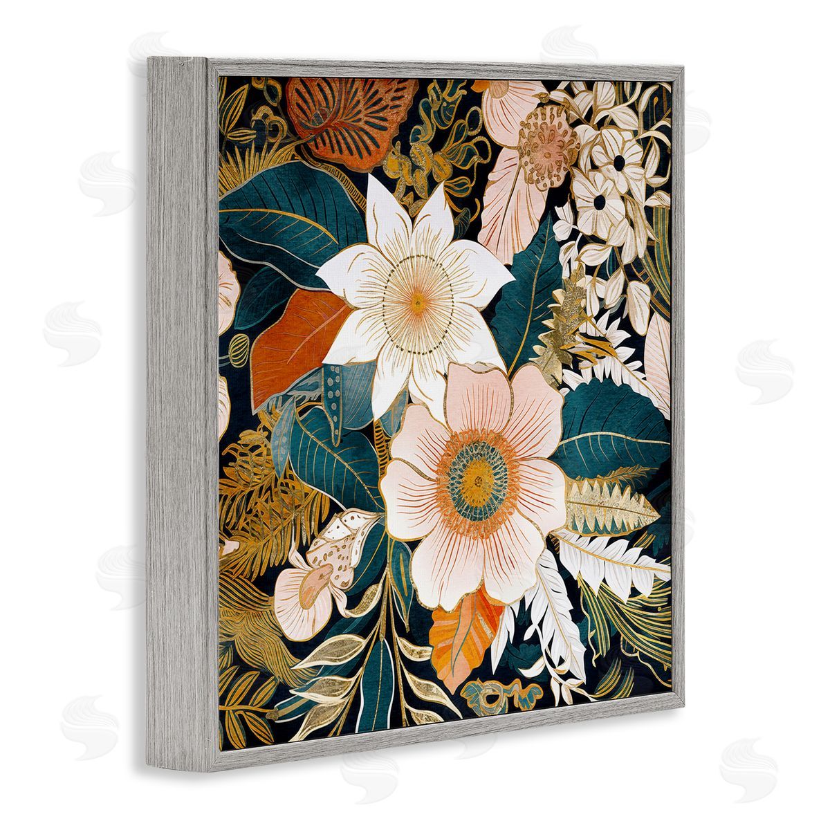 Eclectic Floral Pattern Grey Frame Print Wall Art, Home Decor by Sasha