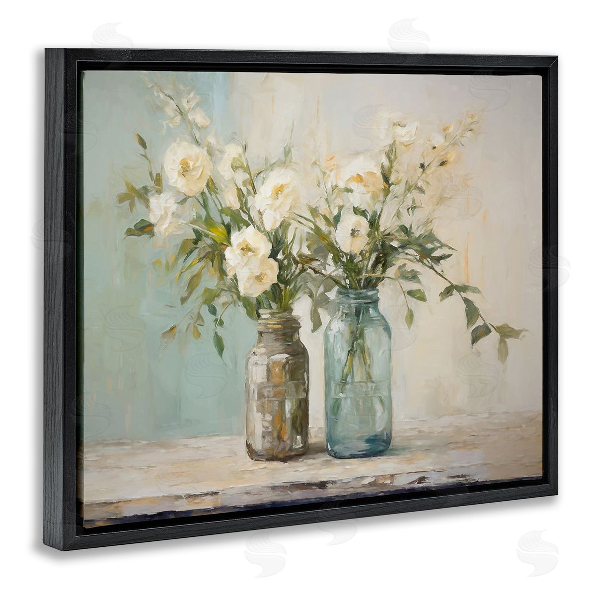 Mason Jar Bouquet Black Floating Frame Canvas Wall Art, Home Decor by Ramona Murdock