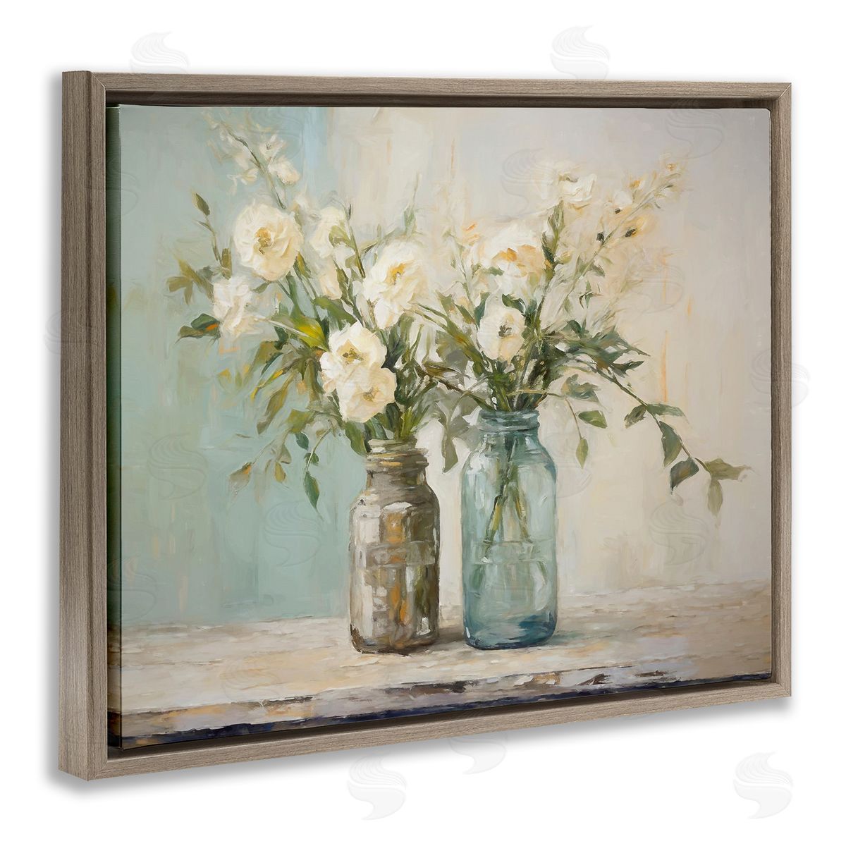 Mason Jar Bouquet Brown Floating Frame Canvas Wall Art, Home Decor by Ramona Murdock