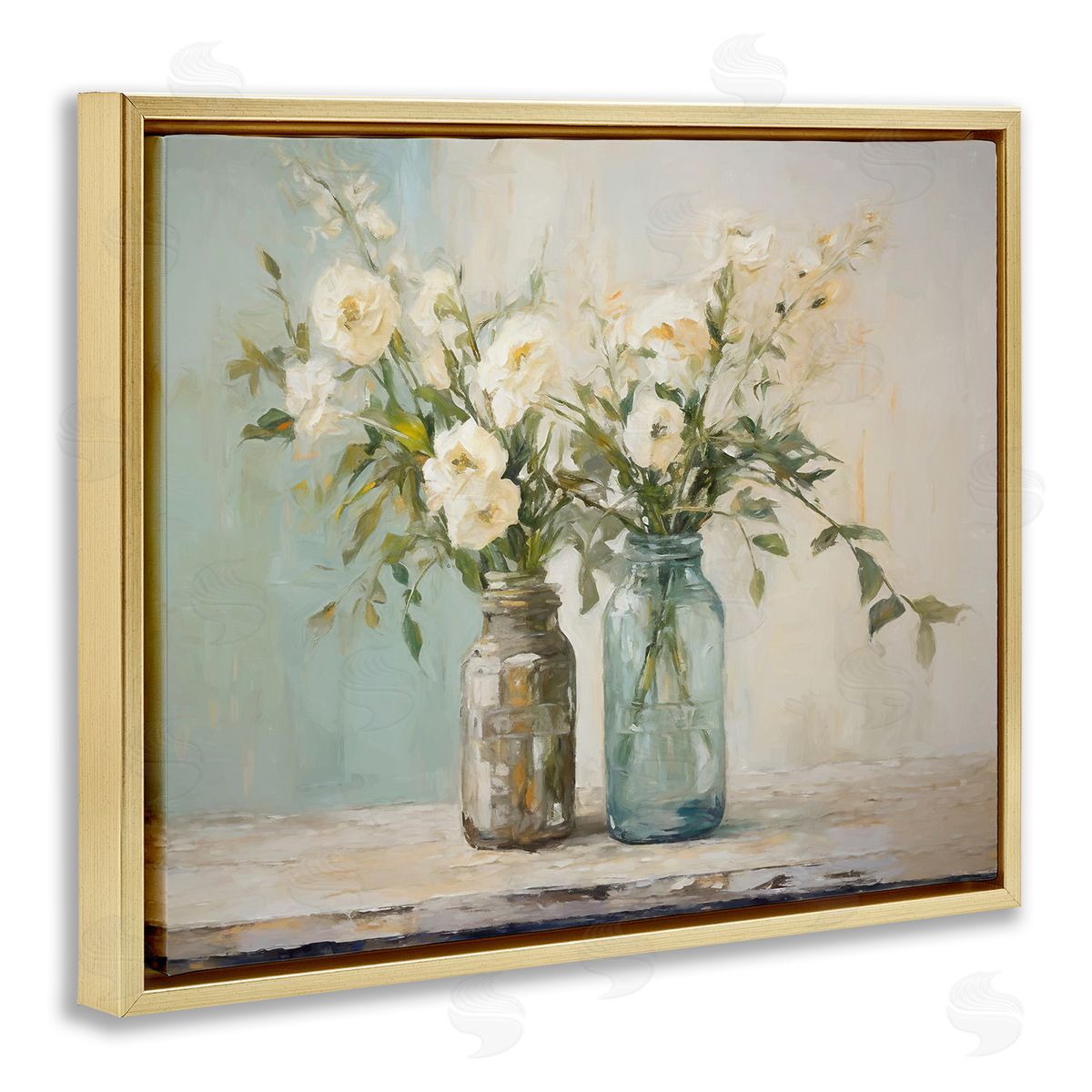 Mason Jar Bouquet Gold Floating Frame Canvas Wall Art, Home Decor by Ramona Murdock