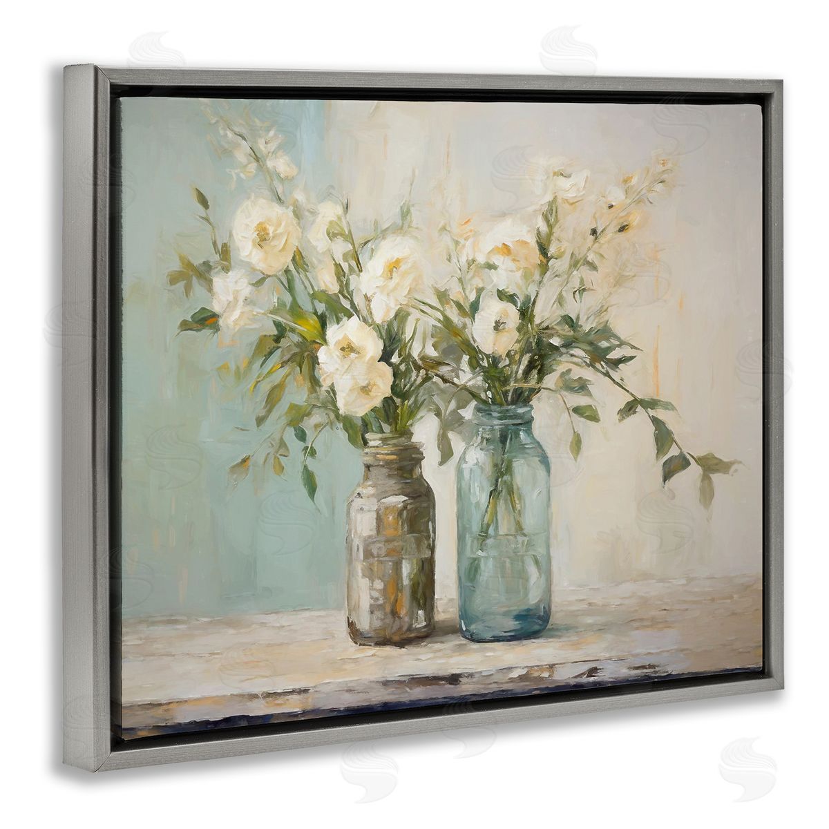 Mason Jar Bouquet Grey Floating Frame Canvas Wall Art, Home Decor by Ramona Murdock